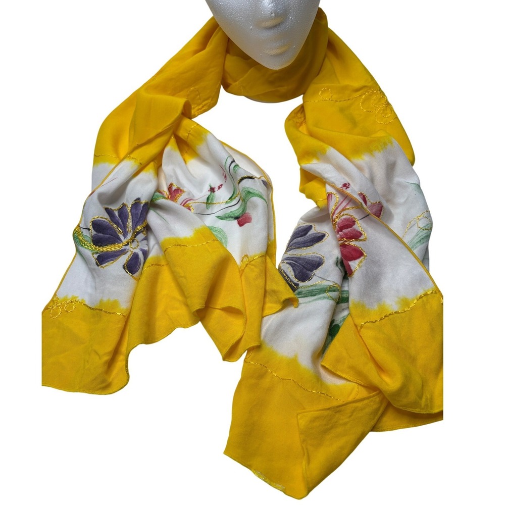 VTG Canary Yellow Floral Hand Painted Embroidered‎ Sarong Wrap Scarf Hawaiian